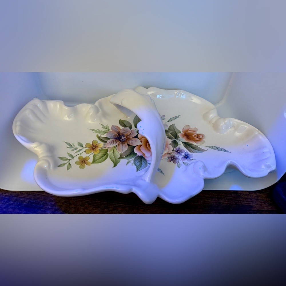 Vintage Floral Design Ceramic Serving Tray with Center Handle